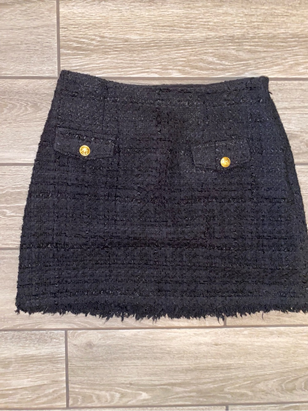 Express Black Tweed Mini Skirt with Gold Button Accents